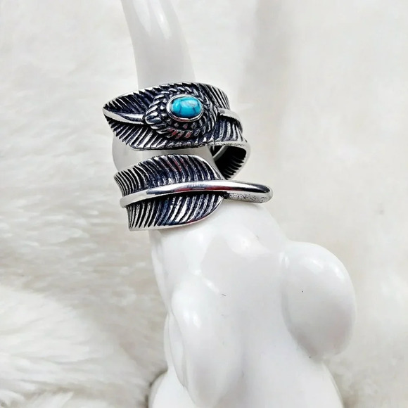 Hypoallergenic Jewelry - Boho Stainless Steel Feather Turquoise Ring Festival Gypsy Bohemian